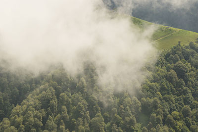 Tusheti mountain landscape and view, high angle, georgian nature, clouds and forest