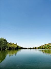 Scenic view of lake against clear blue sky