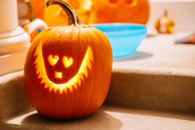 Close-up of halloween pumpkin on table