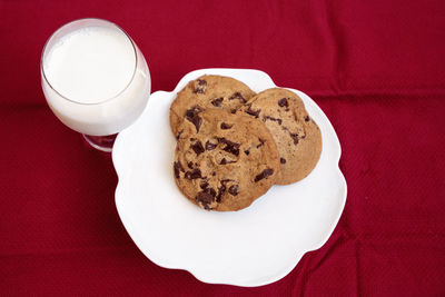 Chocolate chip cookies on a white plate with whole milk in a glass on a red tablecloth