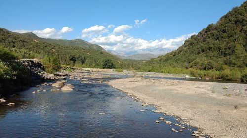 Scenic view of river by mountains against sky