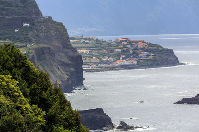 Scenic view of sea and mountains against sky