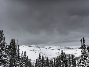 Low angle view of snowcapped mountains against sky