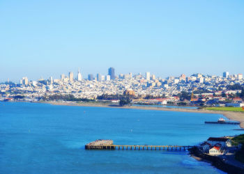 Scenic view of cityscape against clear blue sky