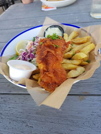 High angle view of food served on table