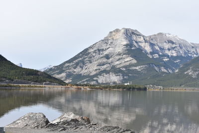 Scenic view of lake and mountains against clear sky