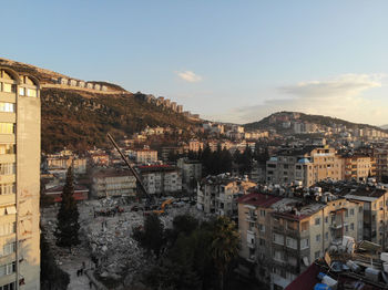 High angle view of townscape against sky during sunset