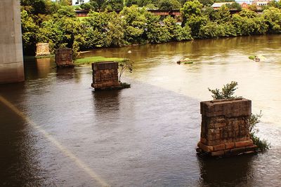 View of wooden post in lake