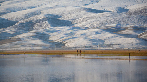Scenic view of lake and snowcapped mountains