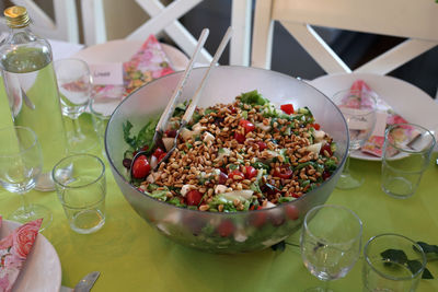 High angle view of fruits in bowl on table