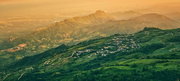 High angle view of land against sky