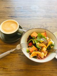 High angle view of breakfast served on table