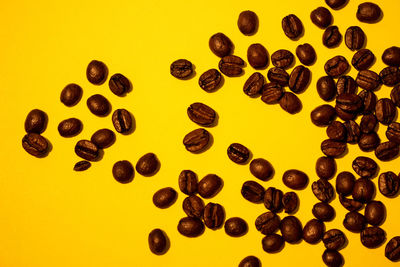 High angle view of coffee beans against yellow background