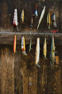 High angle view of fish hanging on table