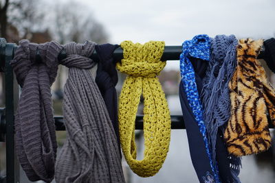 Close-up of clothes hanging on rope