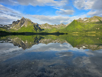 Scenic view of lake and mountains against sky