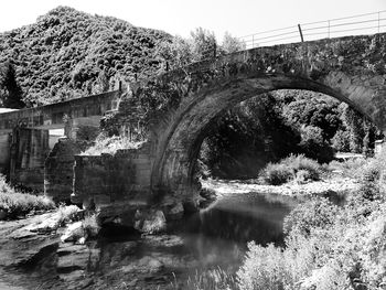 Footbridge over river against clear sky