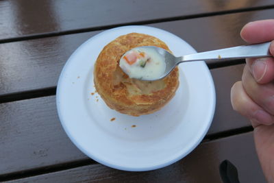 High angle view of breakfast served on table