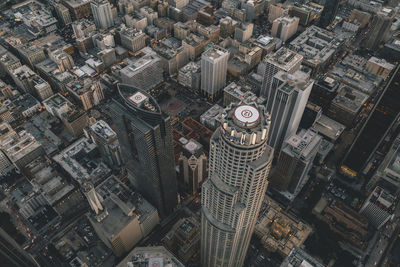 High angle view of modern buildings in city