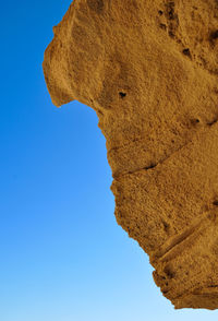 Low angle view of rock formation against clear blue sky