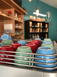 Close-up of coffee cups on table in restaurant