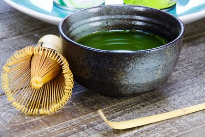 High angle view of drink in bowl on table