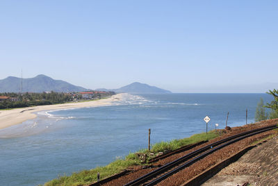 High angle view of railroad track against sea