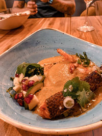 High angle view of food in plate on table