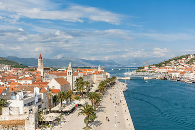 High angle city view of beautiful seaside town of trogir, croatia on coast of adriatic sea