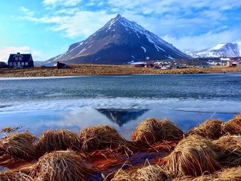 Scenic view of lake against cloudy sky