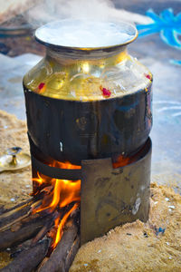 Close-up of fire on barbecue grill
