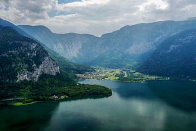 Scenic view of lake and mountains against sky