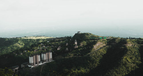 High angle view of buildings against sky