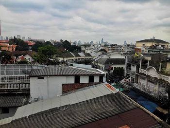 High angle view of buildings in city against sky