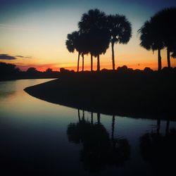 Silhouette of trees by lake during sunset