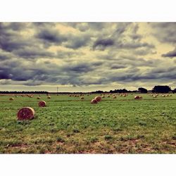 Scenic view of grassy field against cloudy sky