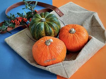 High angle view of pumpkins on table