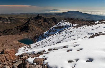 Aerial view of snowcapped mountains against sky