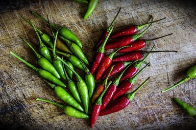 High angle view of chili peppers on table