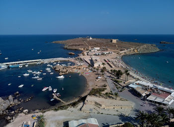 High angle view of beach against blue sky