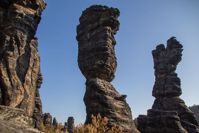 Low angle view of rock formation against clear sky