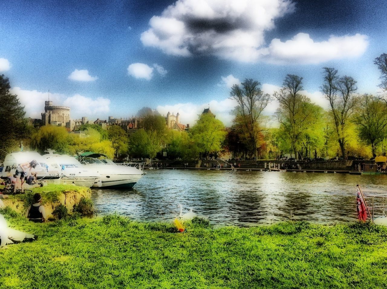 sky, water, cloud - sky, tree, cloudy, cloud, lake, nature, tranquility, river, grass, transportation, tranquil scene, nautical vessel, beauty in nature, growth, scenics, mode of transport, green color, riverbank