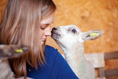 Girl with lamb at home