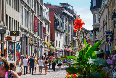 People walking on street amidst buildings in city