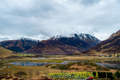 Scenic view of lake by mountains against sky