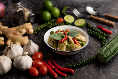 High angle view of vegetables in bowl on table