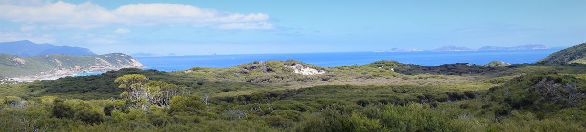 Panoramic view of landscape and sea against sky