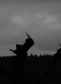 Silhouette of statue on tree against sky