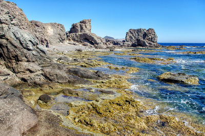 Rock formations on shore against clear blue sky