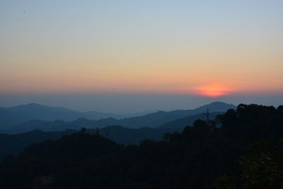 Scenic view of silhouette mountains against sky at sunset